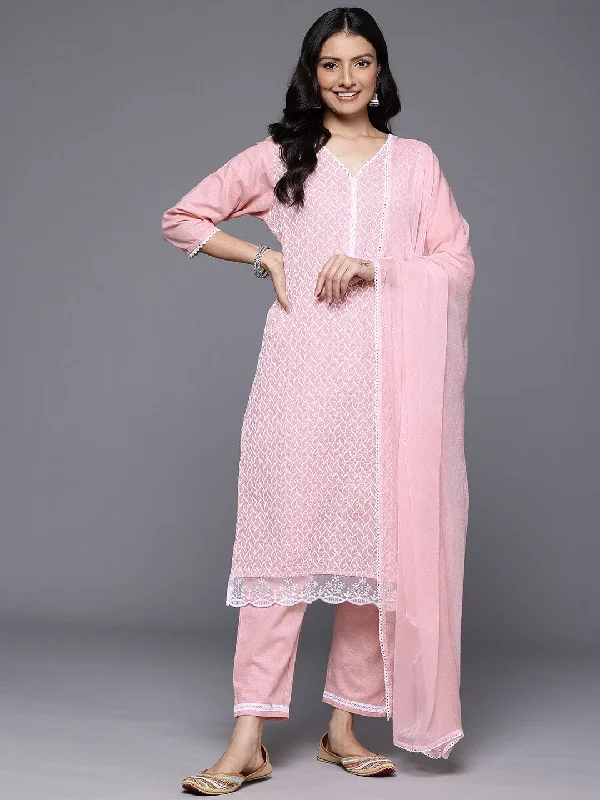 Varanga Women Peach V Neck Chickankari Embroidered Kurta With Tonal Bottom And Chiffon Dupatta.