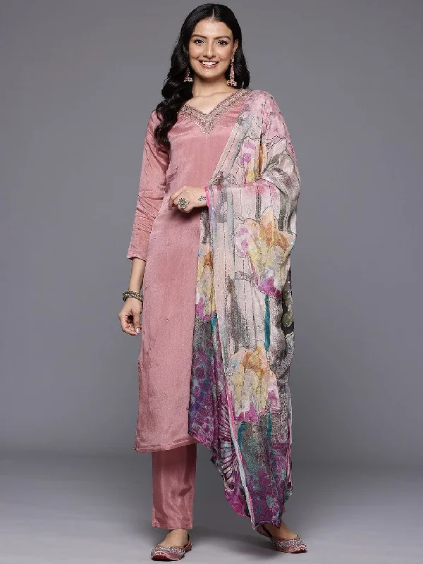 Varanga Women Peach  V-Neck Dabka And Cutdana Work  Straight Kurta Paired With Bottom And Embroidered Dupatta