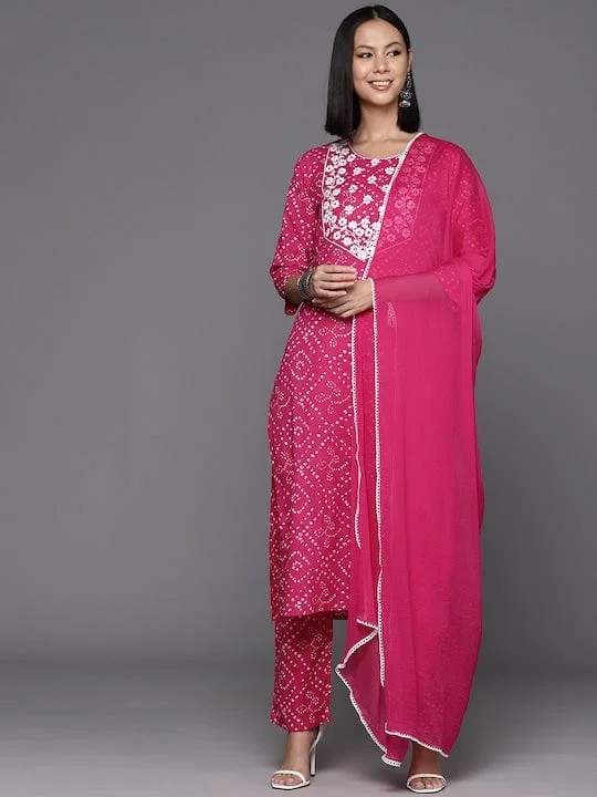 Varanga Women Pink Bandhani Printed Straight Kurta Paired With Tonal Bottom And Dupatta