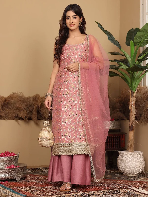 Varanga Women Pink Brocade Strap Sleeves Kurta With Sharara And Dupatta