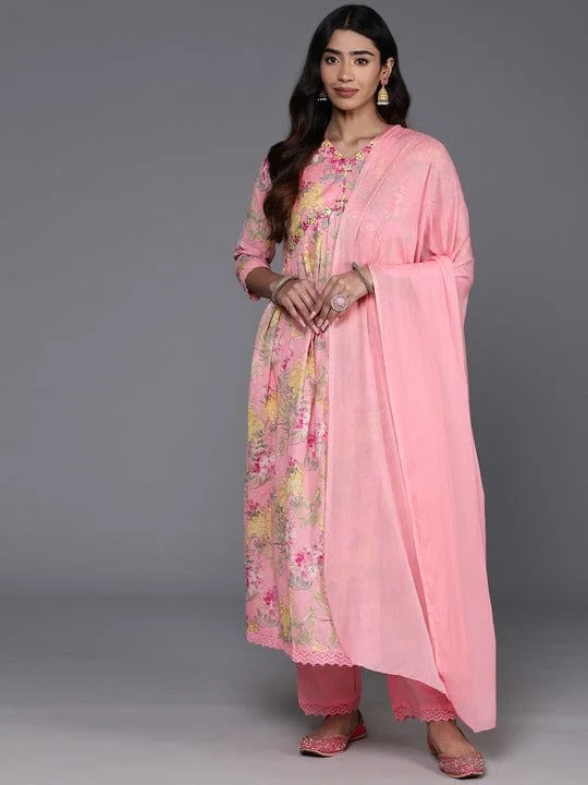 Varanga Women Pink Floral Printed Alia Cut A-Line Kurta With Tonal Bottom And Dupatta