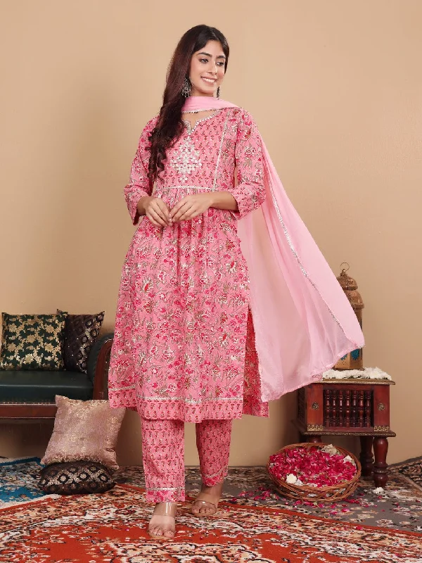 Varanga Women Plus Size Pink Floral Printed Gotta Patti Pure Cotton Kurta with Trousers & Dupatta