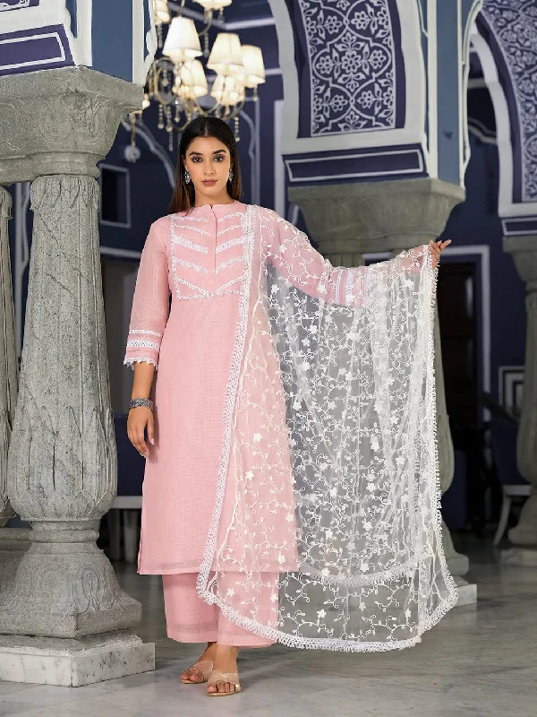 Varanga Women Pink Kota Check Cotton Lace Detailed Kurta Paired With Bottom And Dupatta