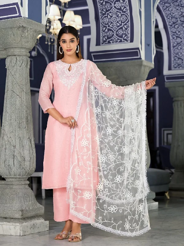 Varanga Women Pink Kota Check Thread Embroidered Kurta With Tonal Solid Bottom And Net Self Embroidered Dupatta