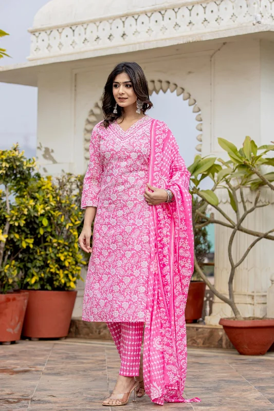 Varanga Women Pink V Neck Embroidered Kurta Paired With Printed Bottom And Dupatta