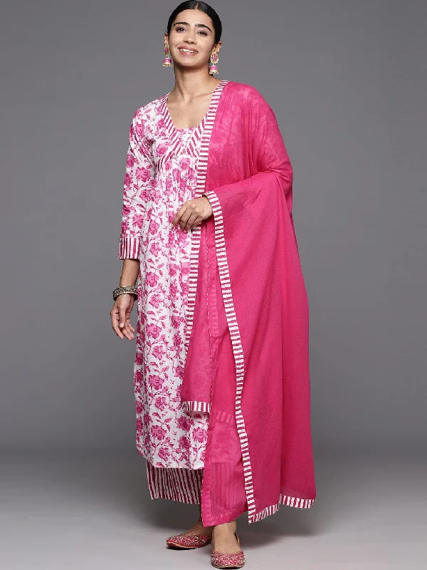 Varanga Women Pink & White Abstract Printed Anarkali Shape Kurta With Plazzo And Dupatta