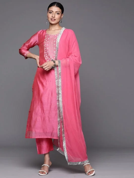 Varanga Women Pink Yoke Design Kurta With Trousers With Dupatta