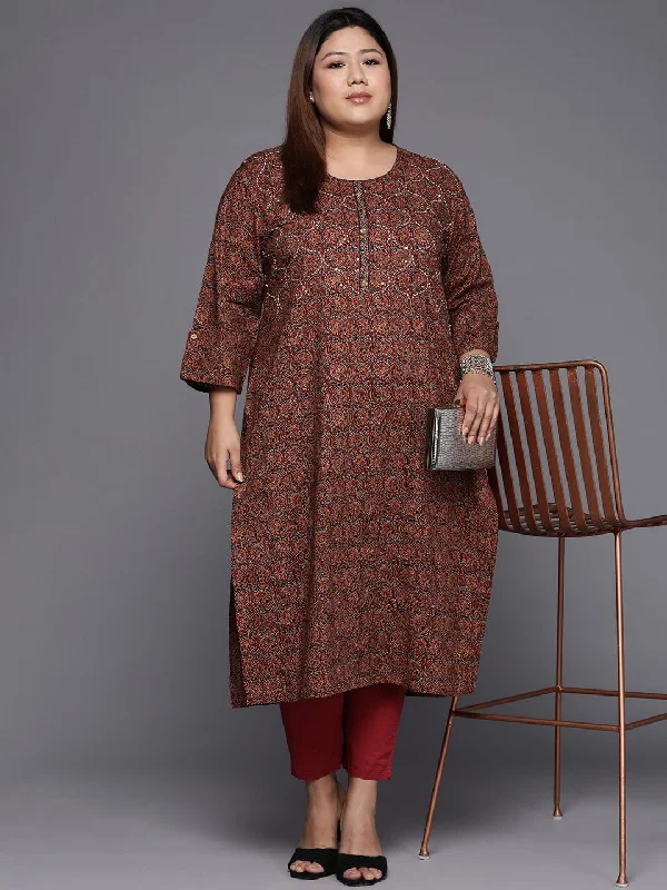 Varanga Women Plus Size Rust & Blue Ethnic Motifs Printed Kurta