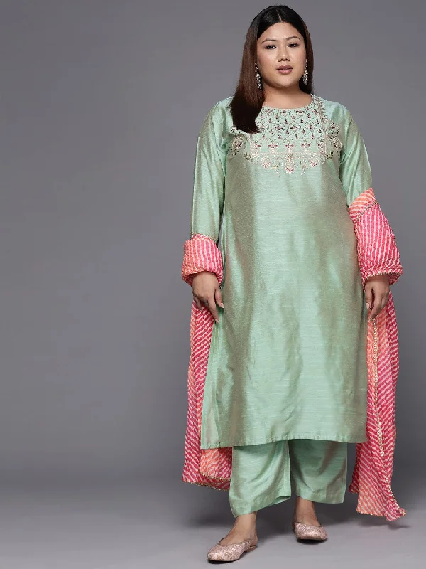 Varanga Women Plus Size Sea Green Embroidered Sequinned Kurta with Trousers & Dupatta