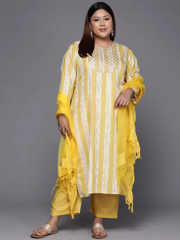 varanga women plus size yellow embroidered striped kurta with trousers dupatta