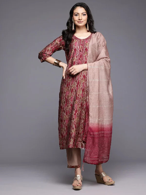 Varanga Women Printed Pink Floral Embroidered Round Neck Kurta Paired with Bottom and Dupatta