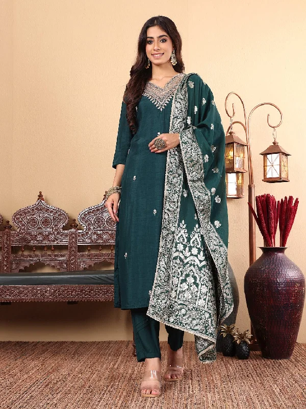 Varanga Women Pure Silk Green Hand Embroidered Straight Kurta with Trousers and Dupatta