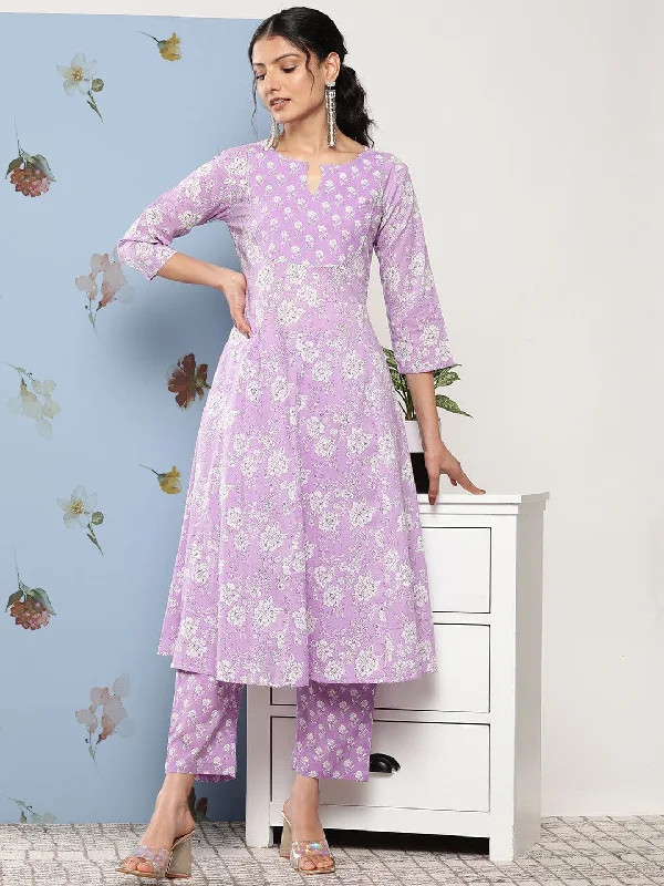 Varanga Women Purple Floral Printed Empire Gotta Patti Pure Cotton Kurta with Trousers