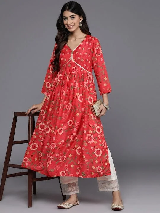 varanga women red and gold toned floral printed gotta patti cotton kurta