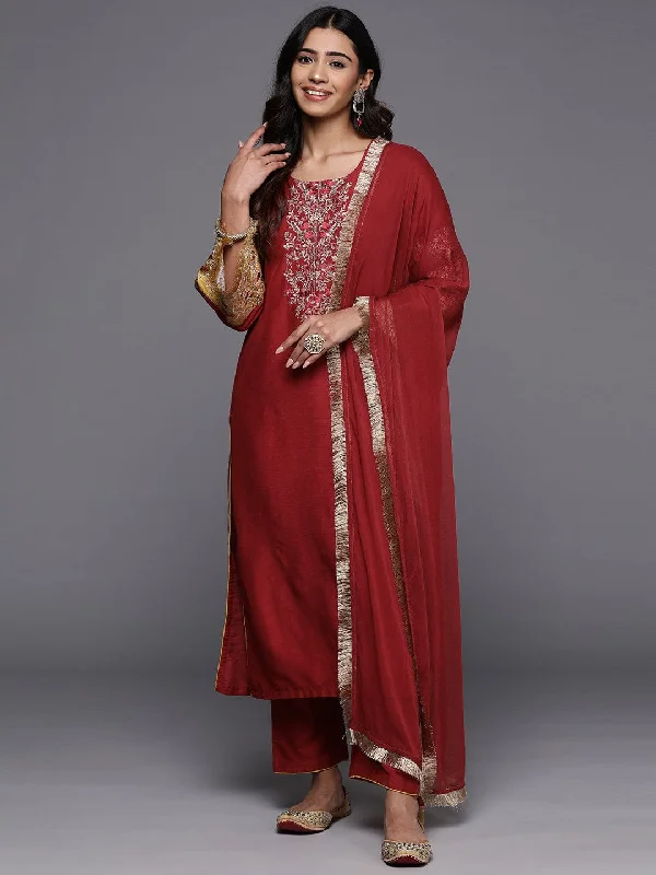 Varanga Women Red Heavy Yoke And Sleeve Embroidered Straight Kurta With Bottom And Dupatta