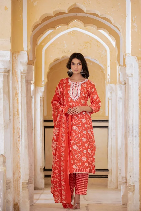 Varanga Women Red Printed Round Neck Straight Kurta With Bottom And Dupatta