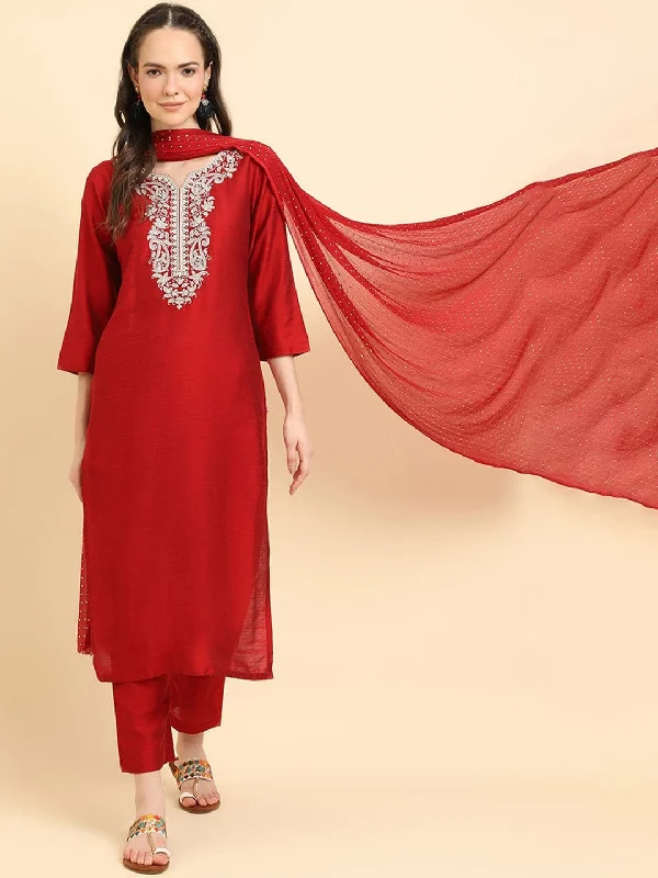 Varanga Women Red Round Neck Yoke Embroidered, Three Quarter Sleeves Straight Kurta Paired With Tonal Bottom And Dotted Dupatta