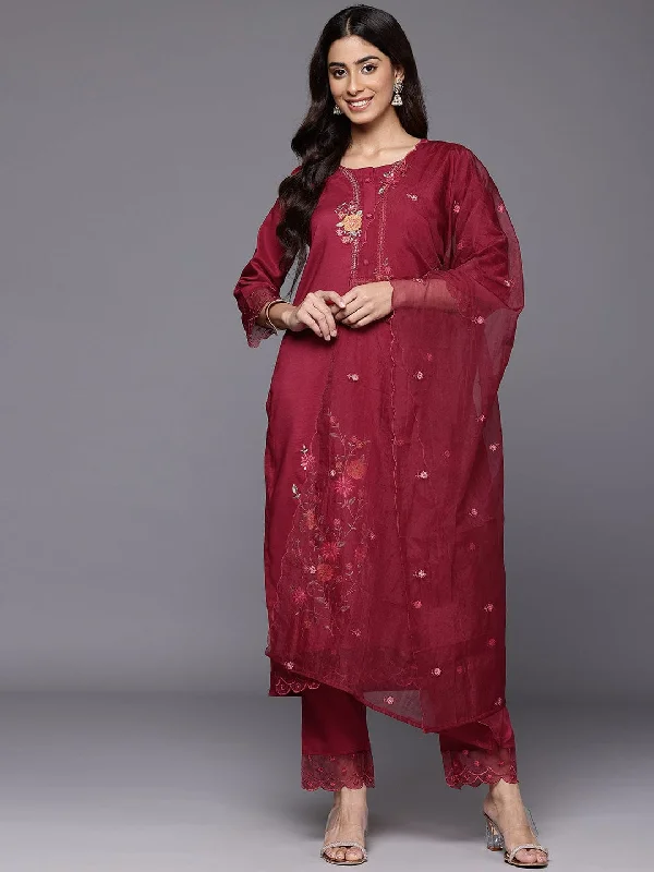 Varanga Women Red Thread Embroidered Kurta With Organza Hem Paired  Bottom And Dupatta