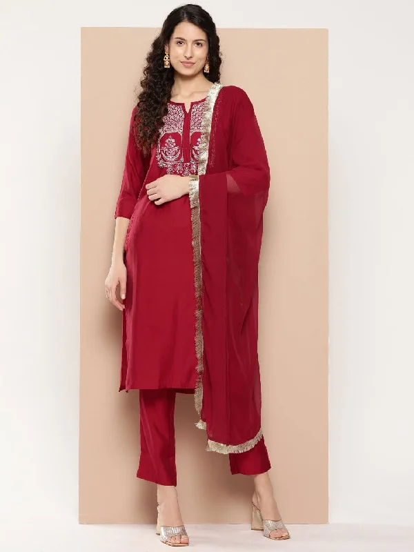 Varanga Women Red Three Quarter Sleeve Straight Kurta Set With Dupatta.