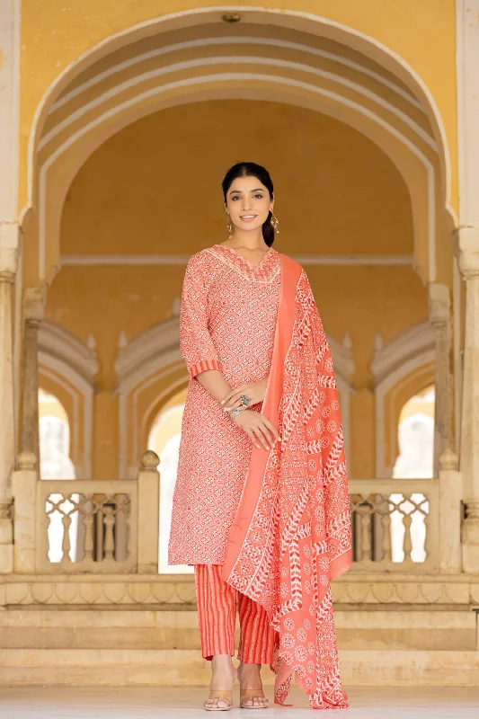 Varanga Women Red V Neck Thread Embroidered Kurta Paired With Printed Bottom And Dupatta