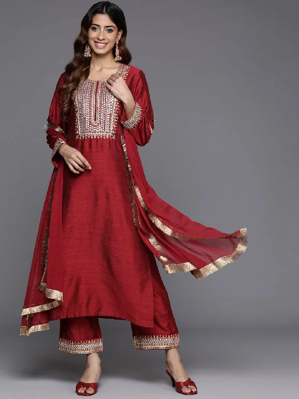 Varanga Women Red Zari And Mirror Embroidered Kurta With Bottom And Dupatta