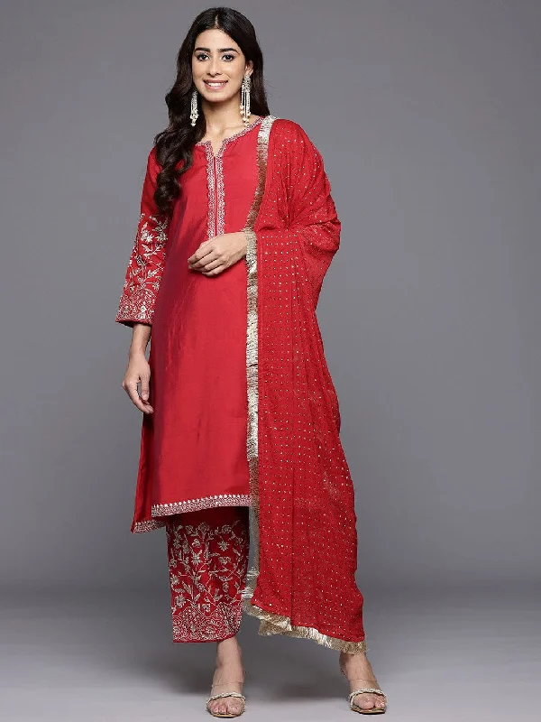 Varanga Women Red Zari Embroidered A-Line Kurta Paired With Tonal Salwar And Dupatta