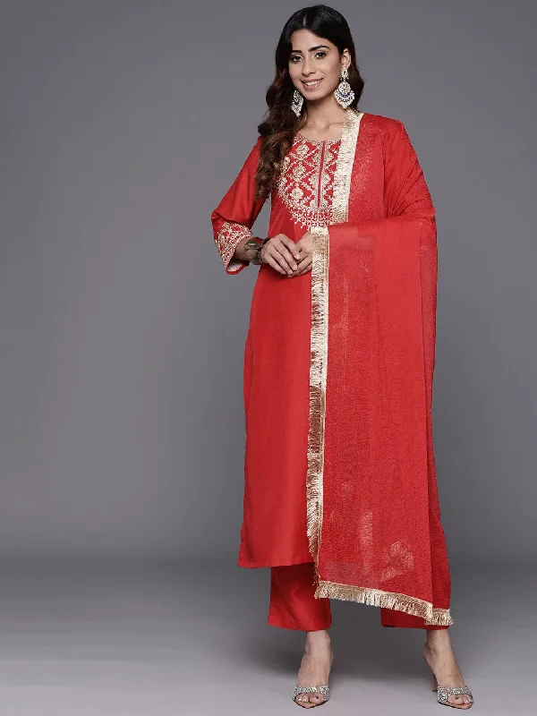 Varanga Women Red  Zari Embroidered Kurta With Bottom And Dupatta