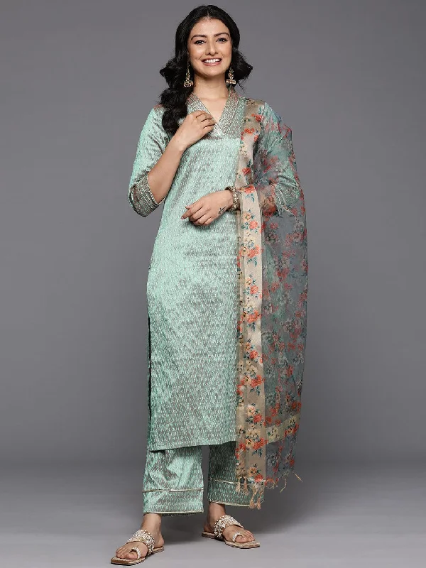 Varanga Women Sea Green Jacquard Weave Lace Embellished Kurta With Bottom And Dupatta