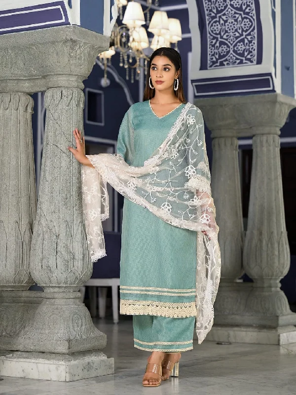 Varanga Women Sea Green Kota Check Embellished With Cotton Lace Straight Kurta Paired With Bottom And Dupatta