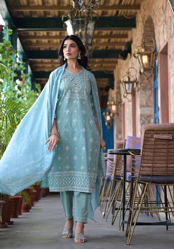 Varanga Women Sea Green Rubber Printed, Mirror Embellished Straight Kurta Paired With Bottom And Dupatta