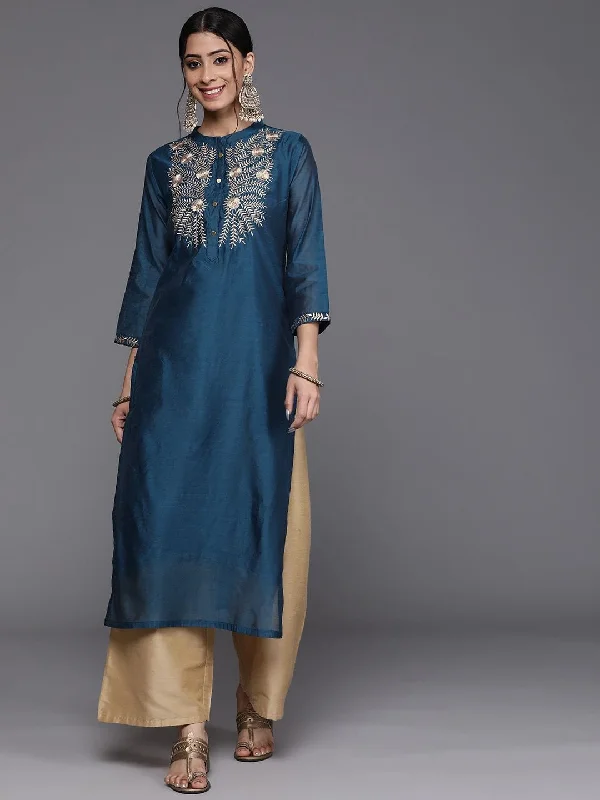 Women Teal Blue & Silver Embroidered Yoke Design Straight Kurta