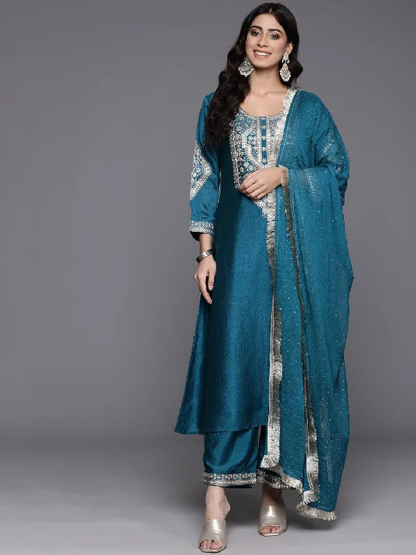 Varanga Women Turquoise Blue Heavy Zari Embroidered Kurta With Bottom And Dupatta