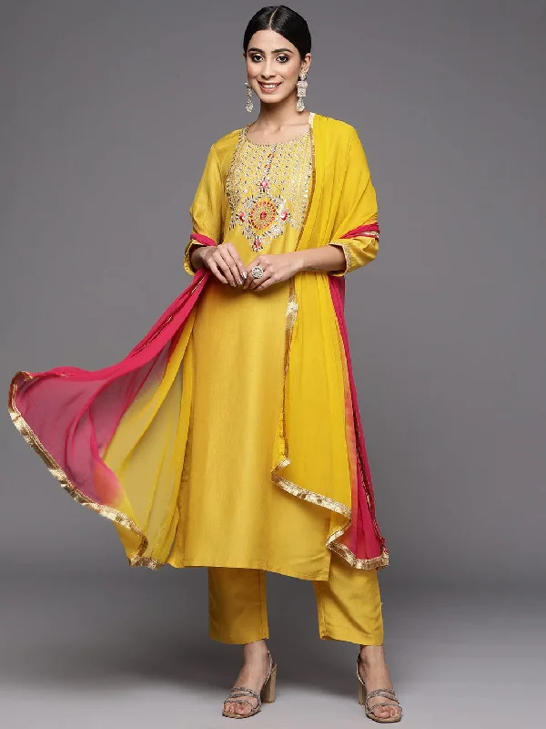 Varanga Women Yellow Ethnic Motifs Yoke Design Mirror Work Kurta with Trousers & With Dupatta