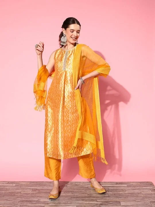 varanga women yellow printed sequinned kurta with trousers dupatta