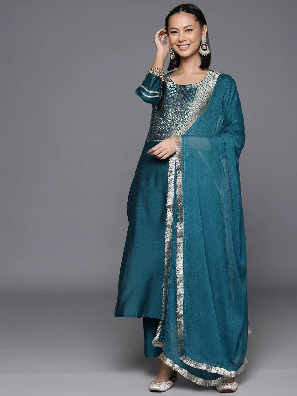 Varanga Womenwomenblue Embroidered Straight Kurta Paired With Tonal Bottom And Dupatta