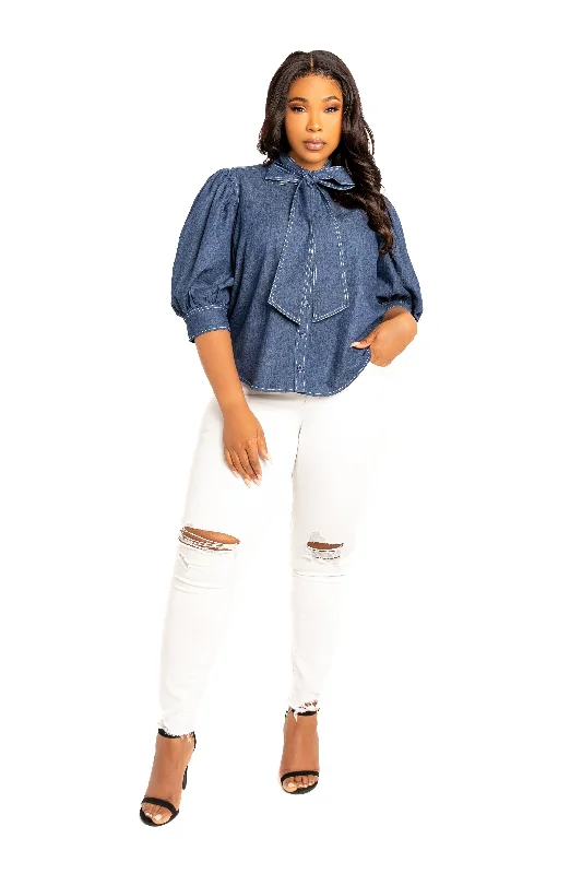 Bow Neck Short Sleeve Denim Blouse