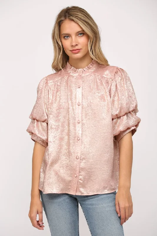 Foiled Woven Short Sleeve Blouse W/Tiered Sleeves