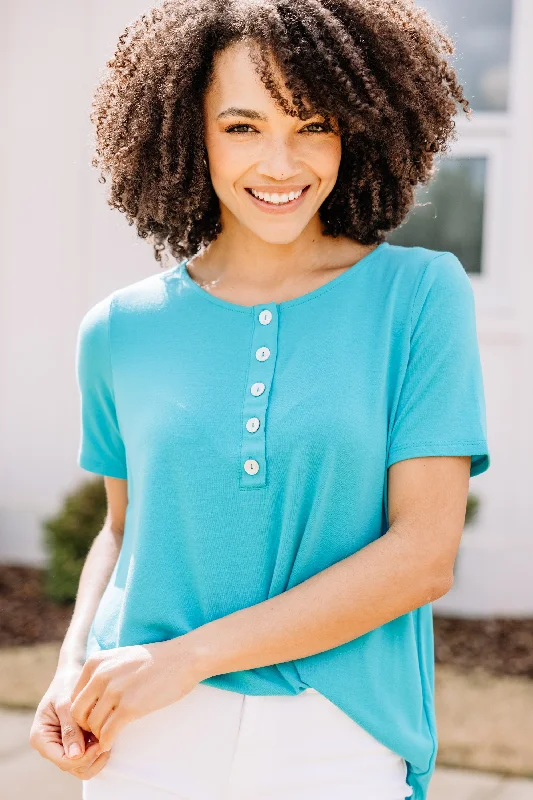 Out and About Ice Blue Short Sleeve Henley Top