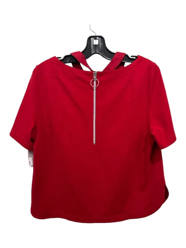 Akris Punto Size 12 Red Collar Back Zip Short Sleeve Dart Top