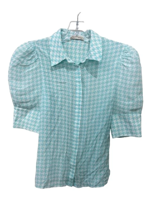 Alice + Olivia Size S Light blue & white Silk Short Sleeve Houndstooth Top