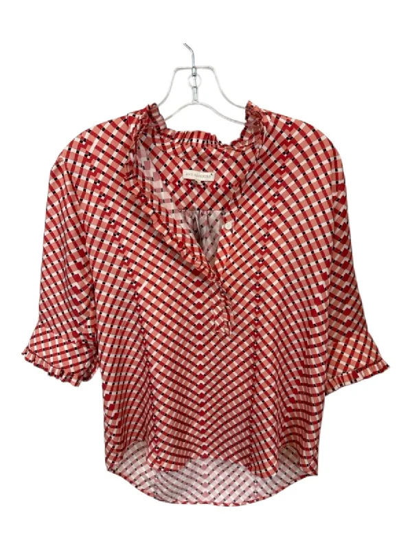 Ann Mashburn Size S Orange & Red Silk Short Sleeve Grid Top