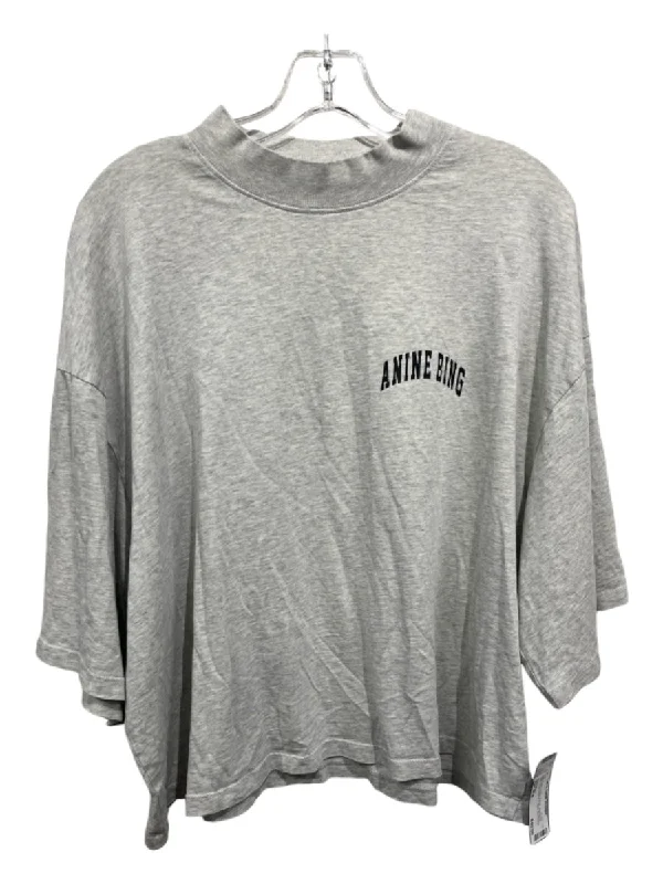 Annie Bing Size Est S/M Light Gray Cotton Blend Heathered Logo Short Sleeve Top