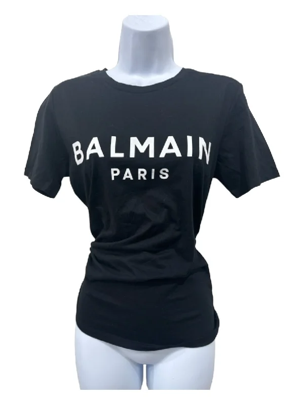 Balmain Size Small Black Cotton Blend Short Sleeve Gold Button Detail Logo Top