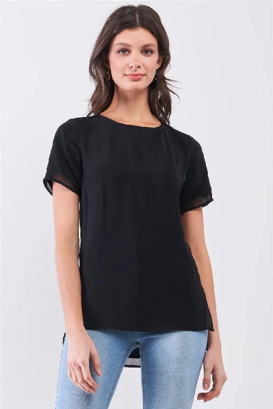 Black Short Sleeve Round Neck Loose Fit Two Side Split T-Short Top