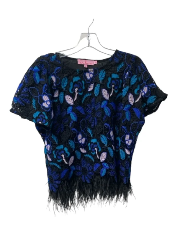 Eva Franco Size M Black & Blue Polyester Round Neck Short Sleeve Top