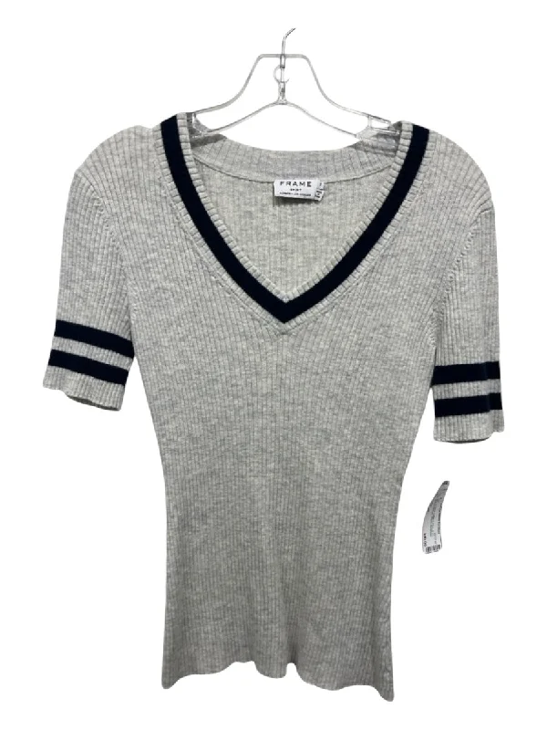 Frame Size Small Gray & Navy Cotton & Wool Short Sleeve Ribbed Striped Top