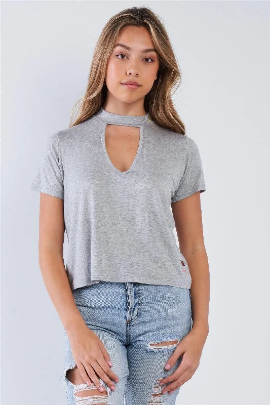 Heather Grey Short Sleeve Open Key Hole "I AM HAPPY" Top