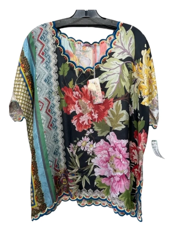 Johnny Was Size XS Black & Multi Silk Scallop Detail Floral Short Sleeve Top