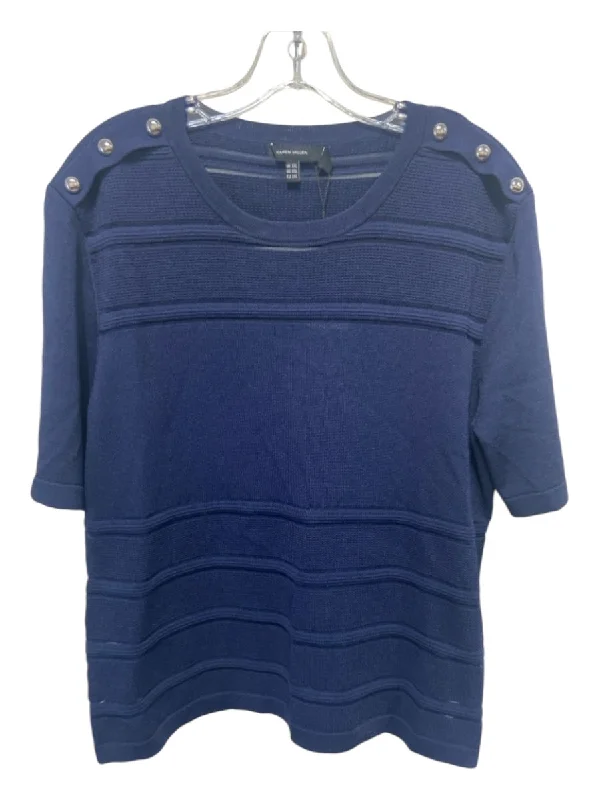 Karen Millen Size XXL Navy Viscose Blend Knit Shoulder buttons Short Sleeve Top