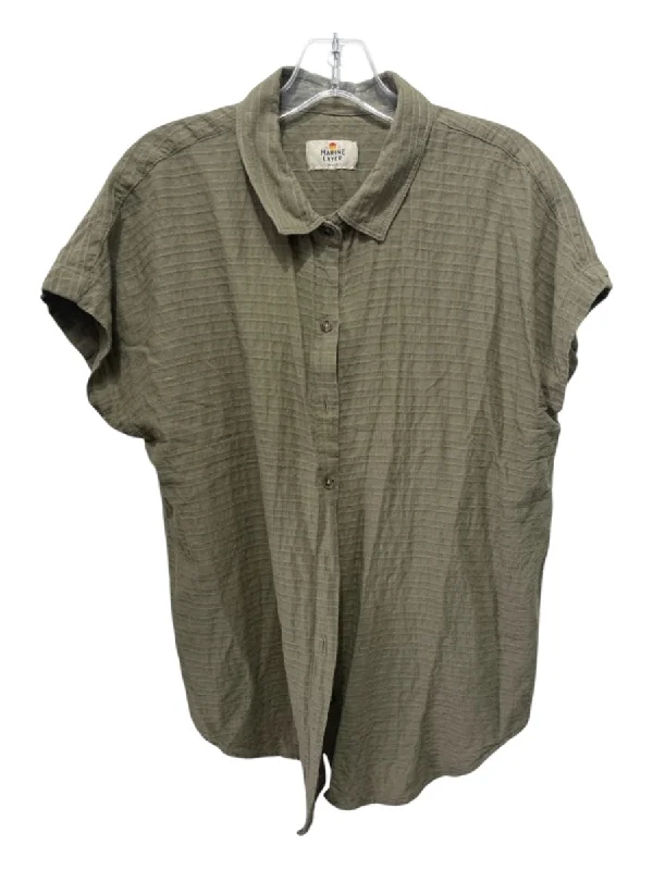 Marine Layer Size M Olive Green Cotton Textured Short Sleeve buttondown Top